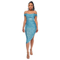 Ladies Sequin Off Shoulder Irregular Midi Dress R9135 - SWEETKAMA