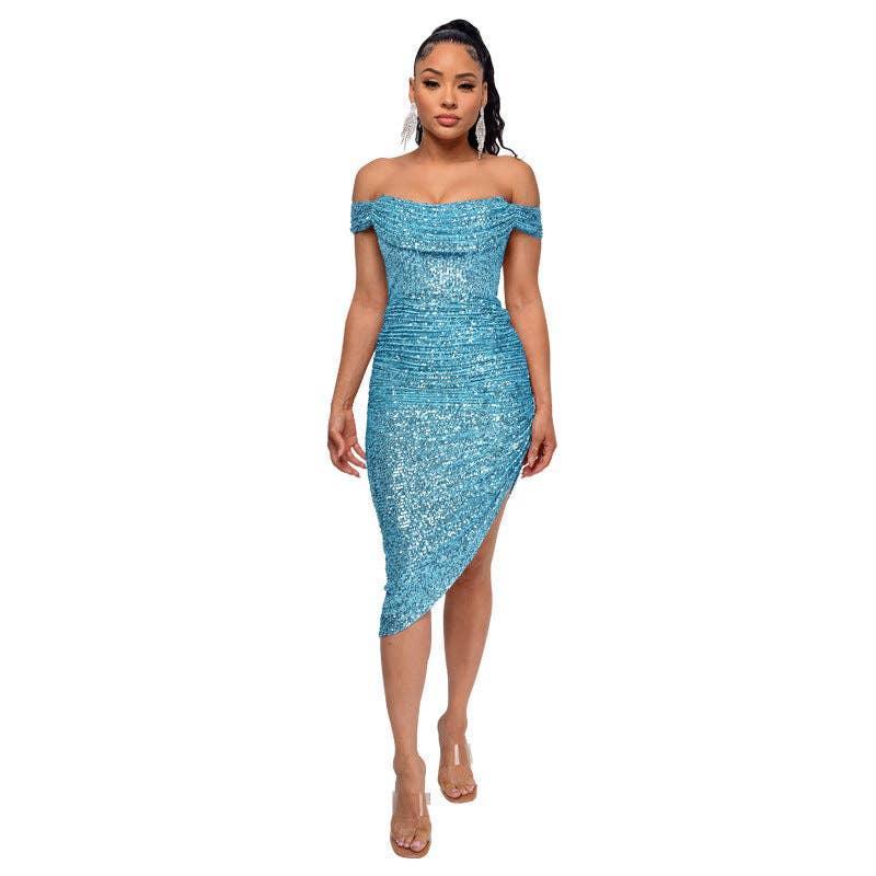 Ladies Sequin Off Shoulder Irregular Midi Dress R9135 - SWEETKAMA