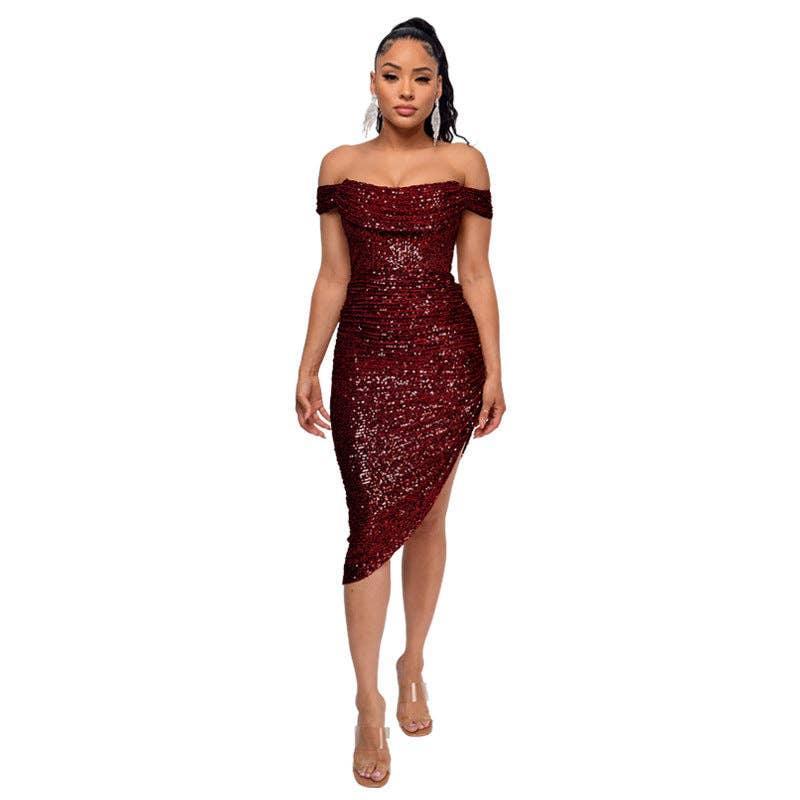 Ladies Sequin Off Shoulder Irregular Midi Dress R9135 - SWEETKAMA