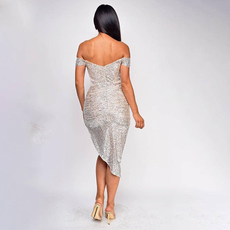 Ladies Sequin Off Shoulder Irregular Midi Dress R9135 - SWEETKAMA