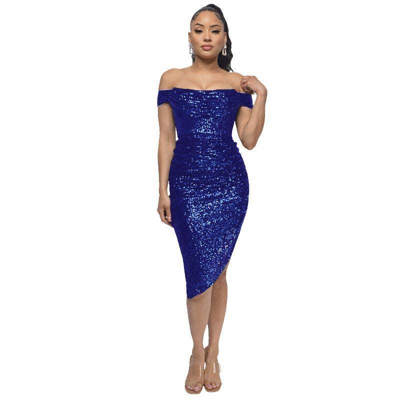 Ladies Sequin Off Shoulder Irregular Midi Dress R9135 - SWEETKAMA