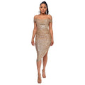 Ladies Sequin Off Shoulder Irregular Midi Dress R9135 - SWEETKAMA