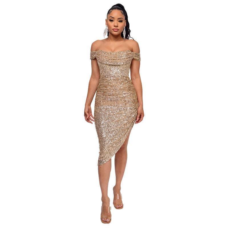 Ladies Sequin Off Shoulder Irregular Midi Dress R9135 - SWEETKAMA