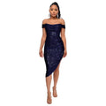 Ladies Sequin Off Shoulder Irregular Midi Dress R9135 - SWEETKAMA
