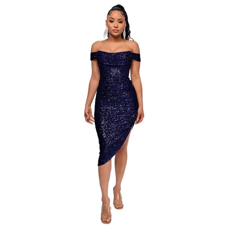 Ladies Sequin Off Shoulder Irregular Midi Dress R9135 - SWEETKAMA