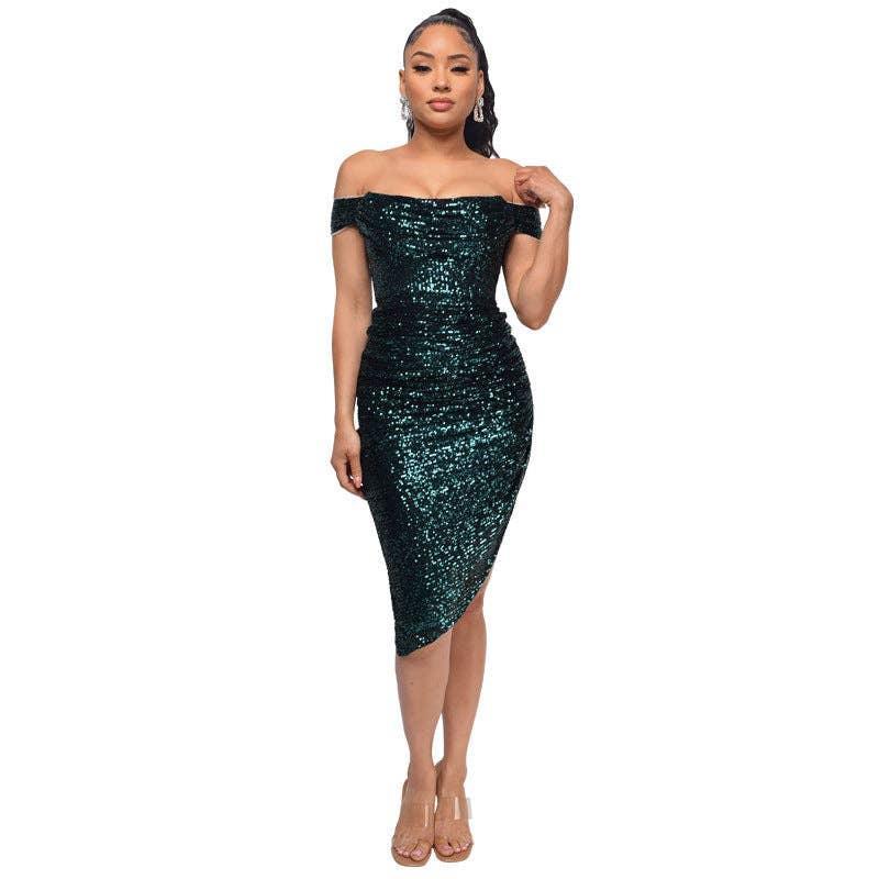Ladies Sequin Off Shoulder Irregular Midi Dress R9135 - SWEETKAMA