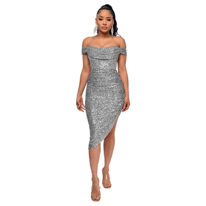 Ladies Sequin Off Shoulder Irregular Midi Dress R9135 - SWEETKAMA
