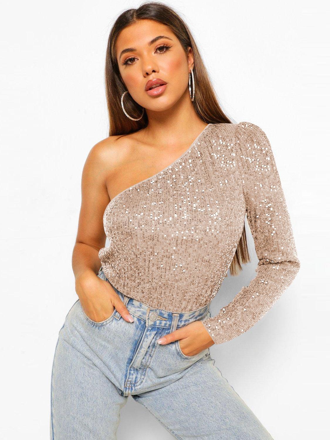 Ladies Sequin One Shoulder Bodysuit EKCZ - SWEETKAMA
