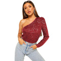 Ladies Sequin One Shoulder Bodysuit EKCZ - SWEETKAMA