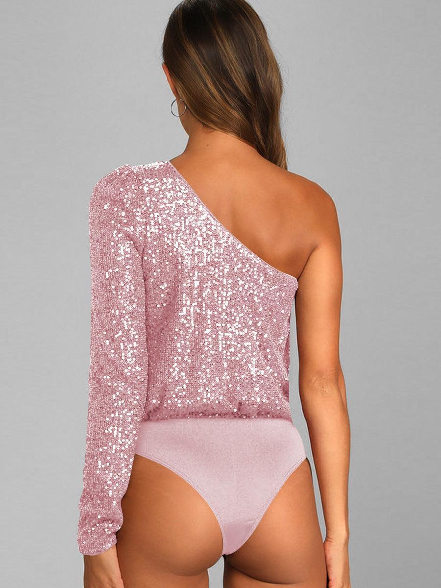 Ladies Sequin One Shoulder Bodysuit EKCZ - SWEETKAMA