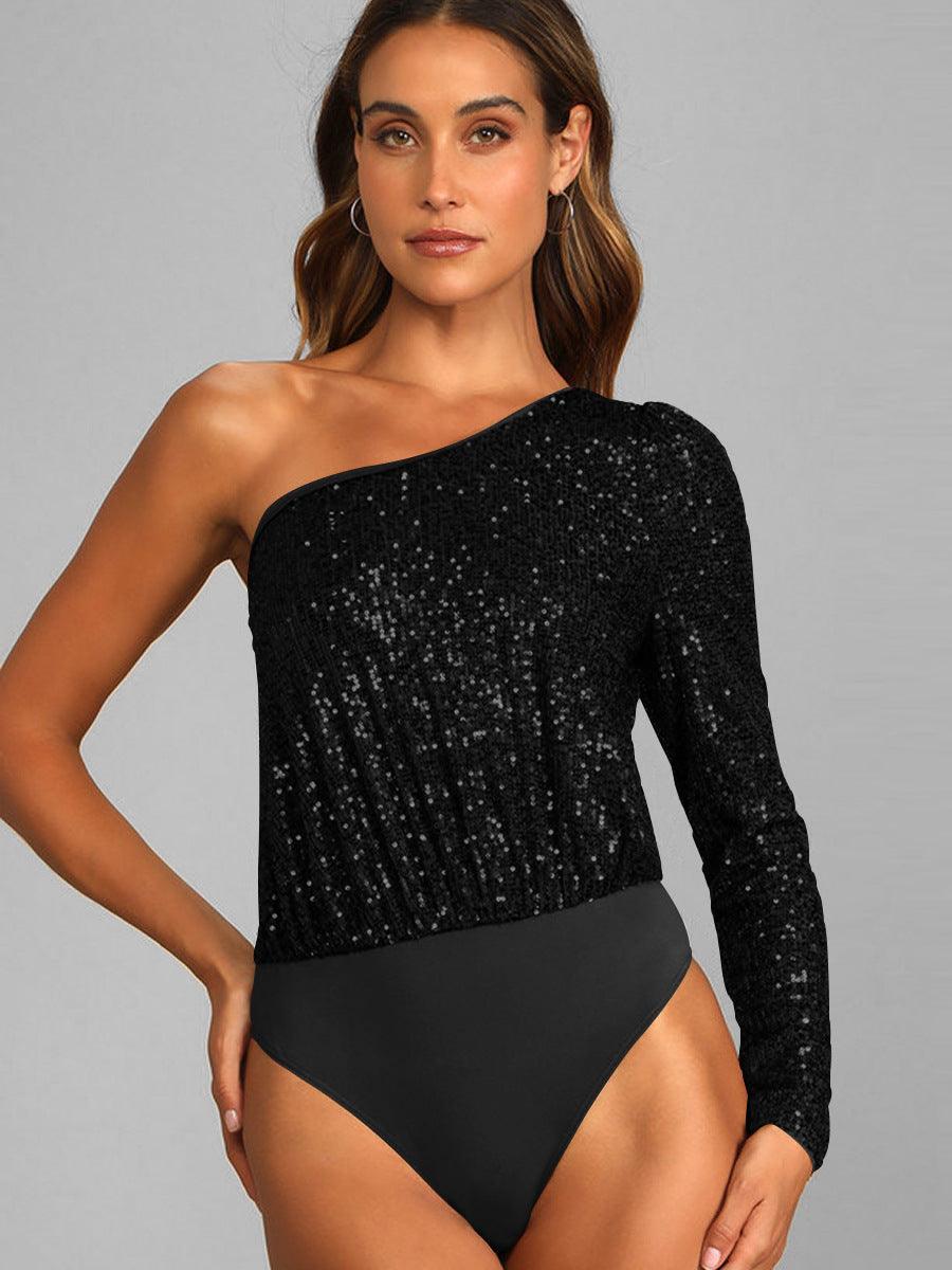 Ladies Sequin One Shoulder Bodysuit EKCZ - SWEETKAMA