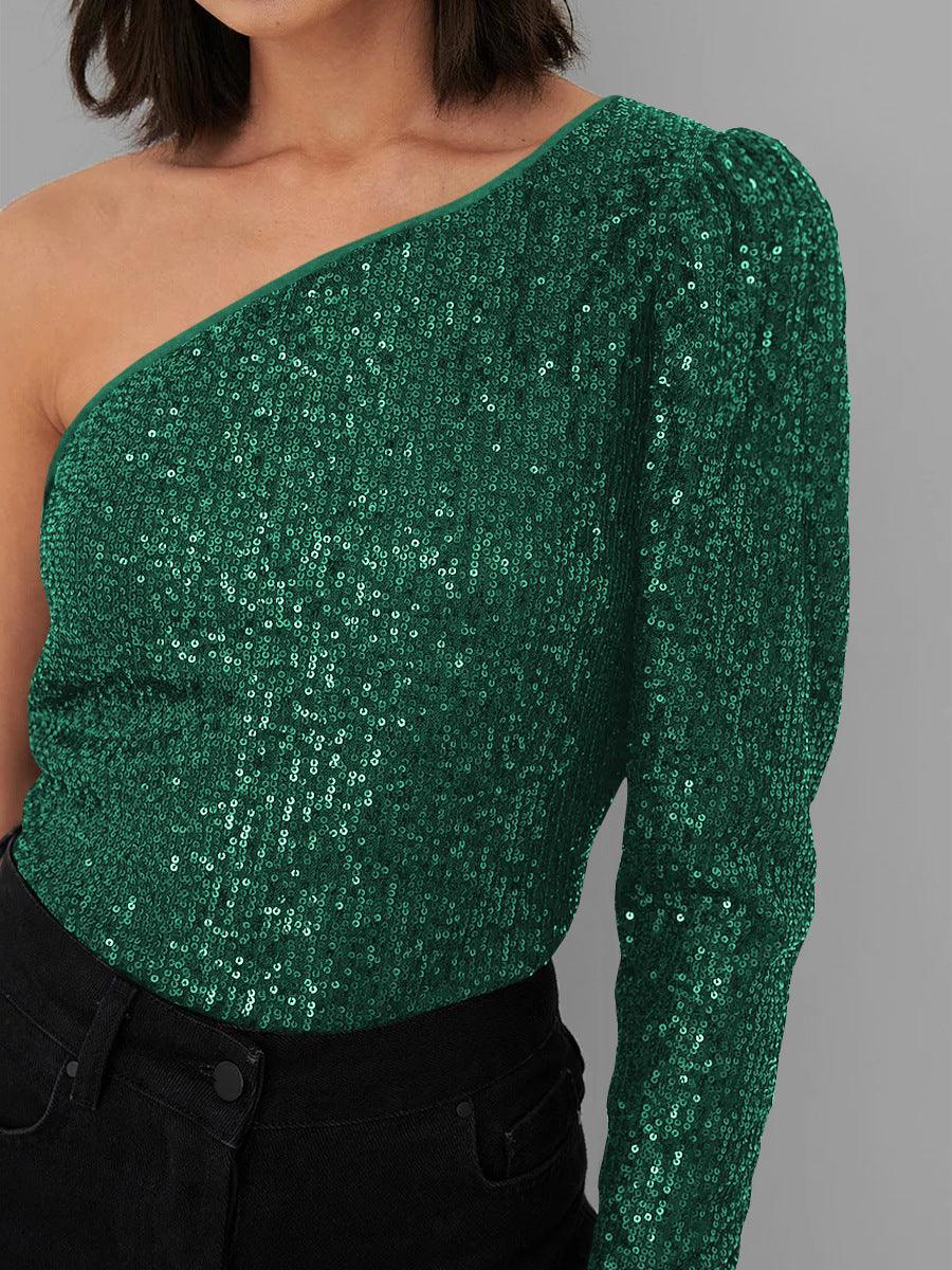 Ladies Sequin One Shoulder Bodysuit EKCZ - SWEETKAMA