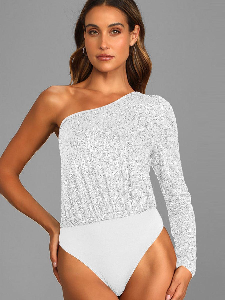 Ladies Sequin One Shoulder Bodysuit EKCZ - SWEETKAMA