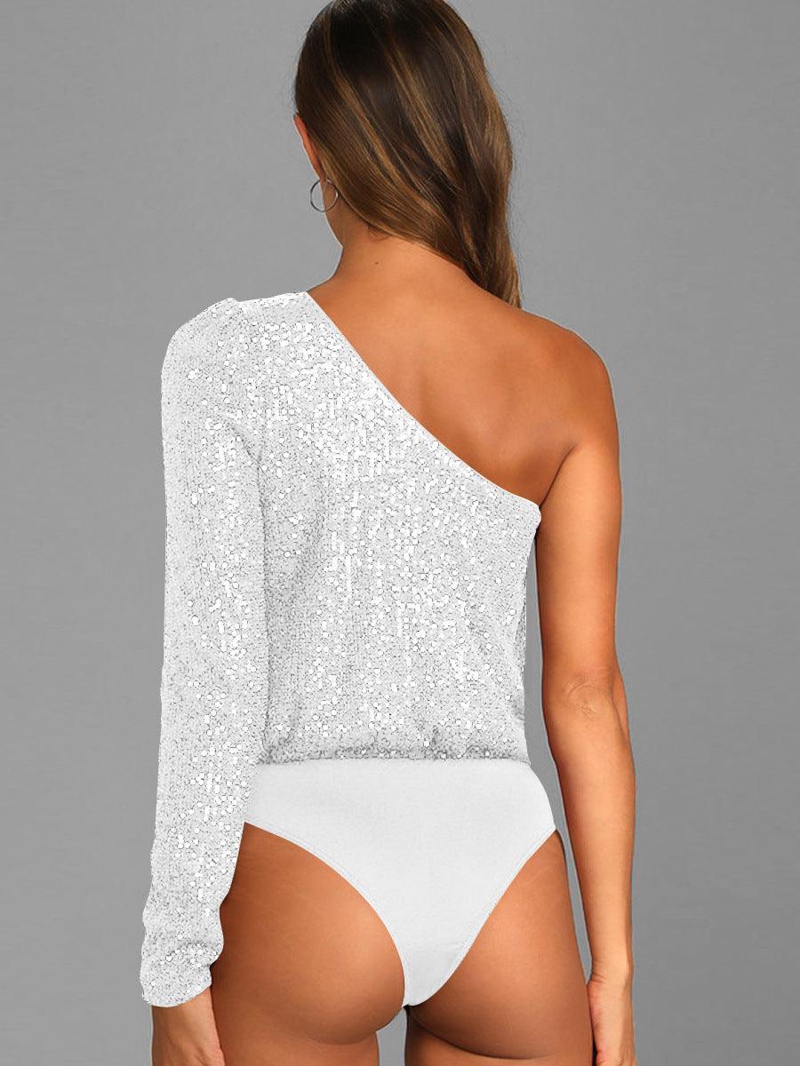 Ladies Sequin One Shoulder Bodysuit EKCZ - SWEETKAMA