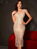 Ladies Sequin V-Neck Tassel Slim Fit Midi Dress WT669 - SWEETKAMA