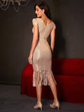 Ladies Sequin V-Neck Tassel Slim Fit Midi Dress WT669 - SWEETKAMA
