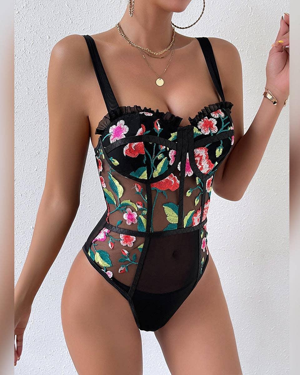 Ladies Sexy Floral Print See Sheer Bodysuit M60590 - SWEETKAMA