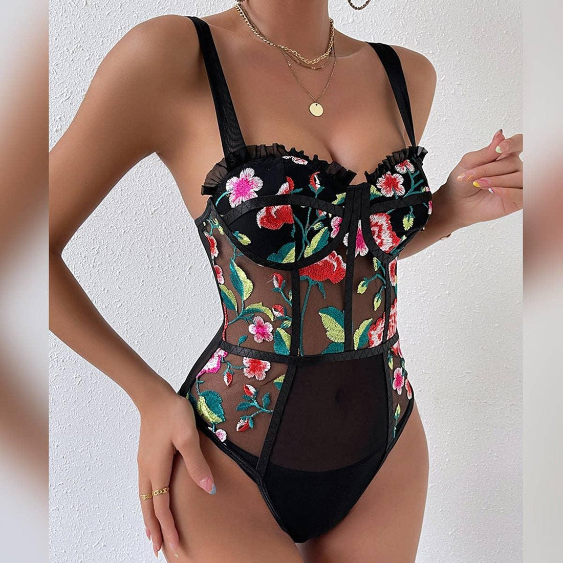 Ladies Sexy Floral Print See Sheer Bodysuit M60590 - SWEETKAMA