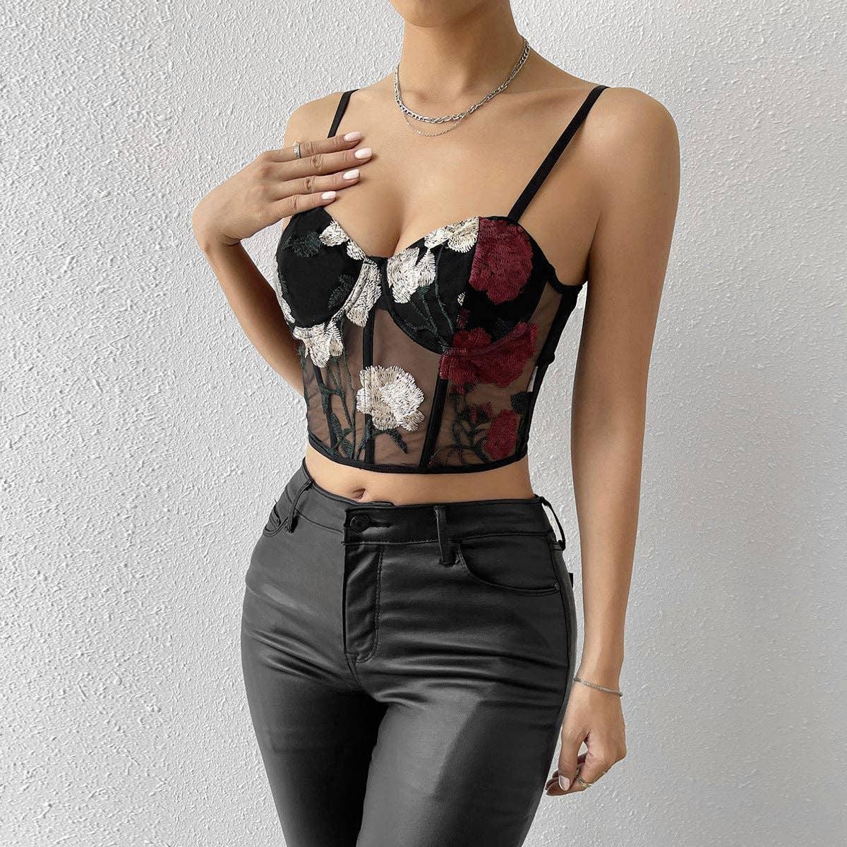 Ladies Sexy Rose Embroidery See Sheer Corset M60369 - SWEETKAMA