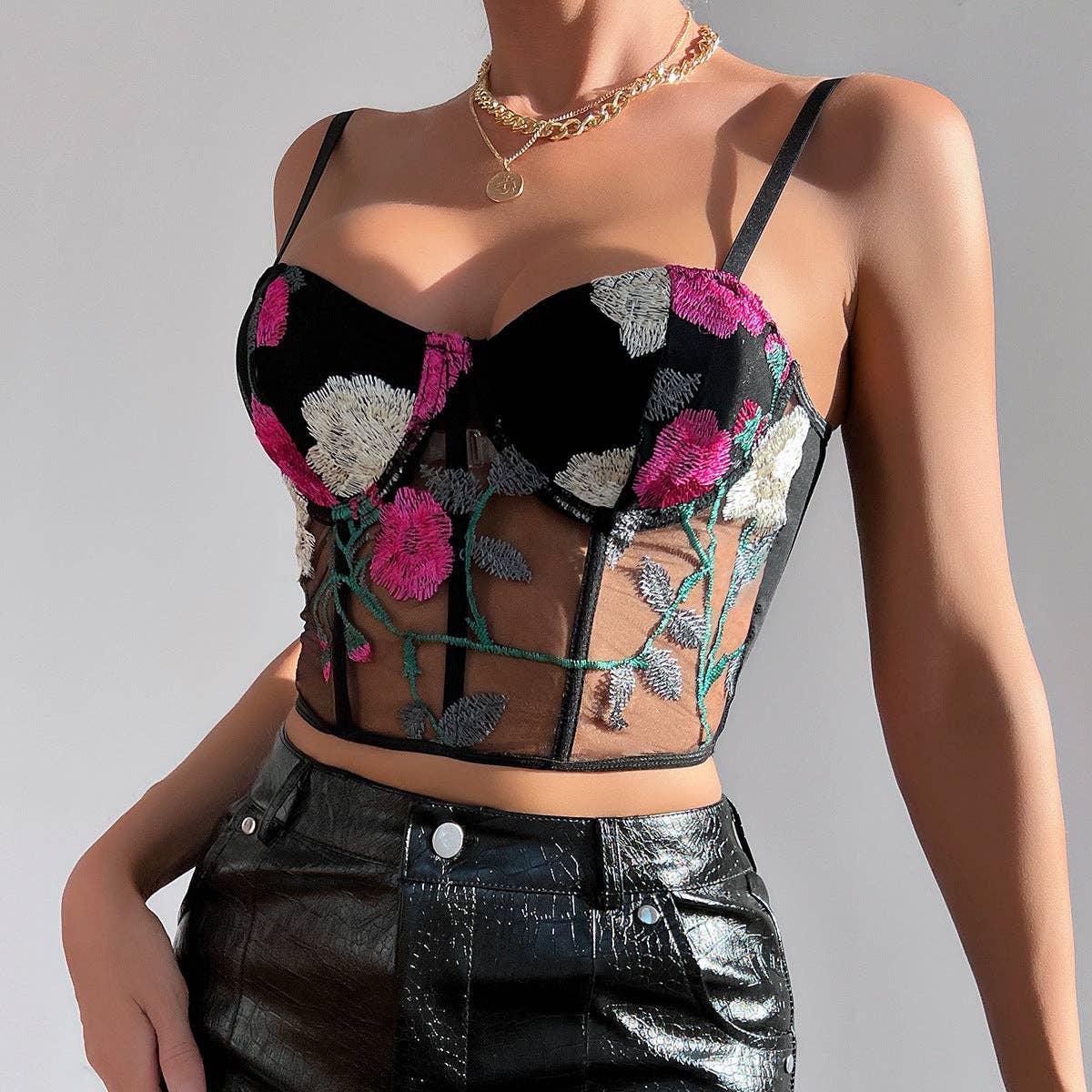 Ladies Sexy Rose Embroidery See Sheer Corset M60369 - SWEETKAMA