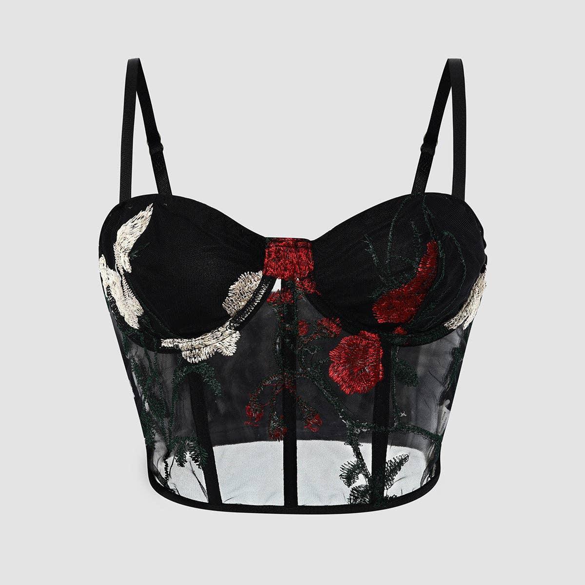 Ladies Sexy Rose Embroidery See Sheer Corset M60369 - SWEETKAMA