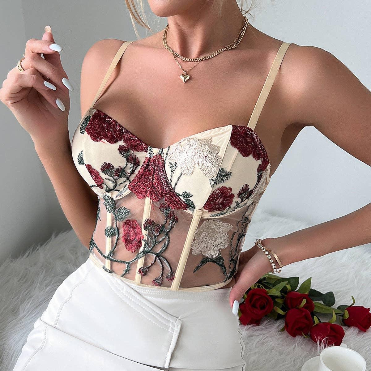 Ladies Sexy Rose Embroidery See Sheer Corset M60369 - SWEETKAMA