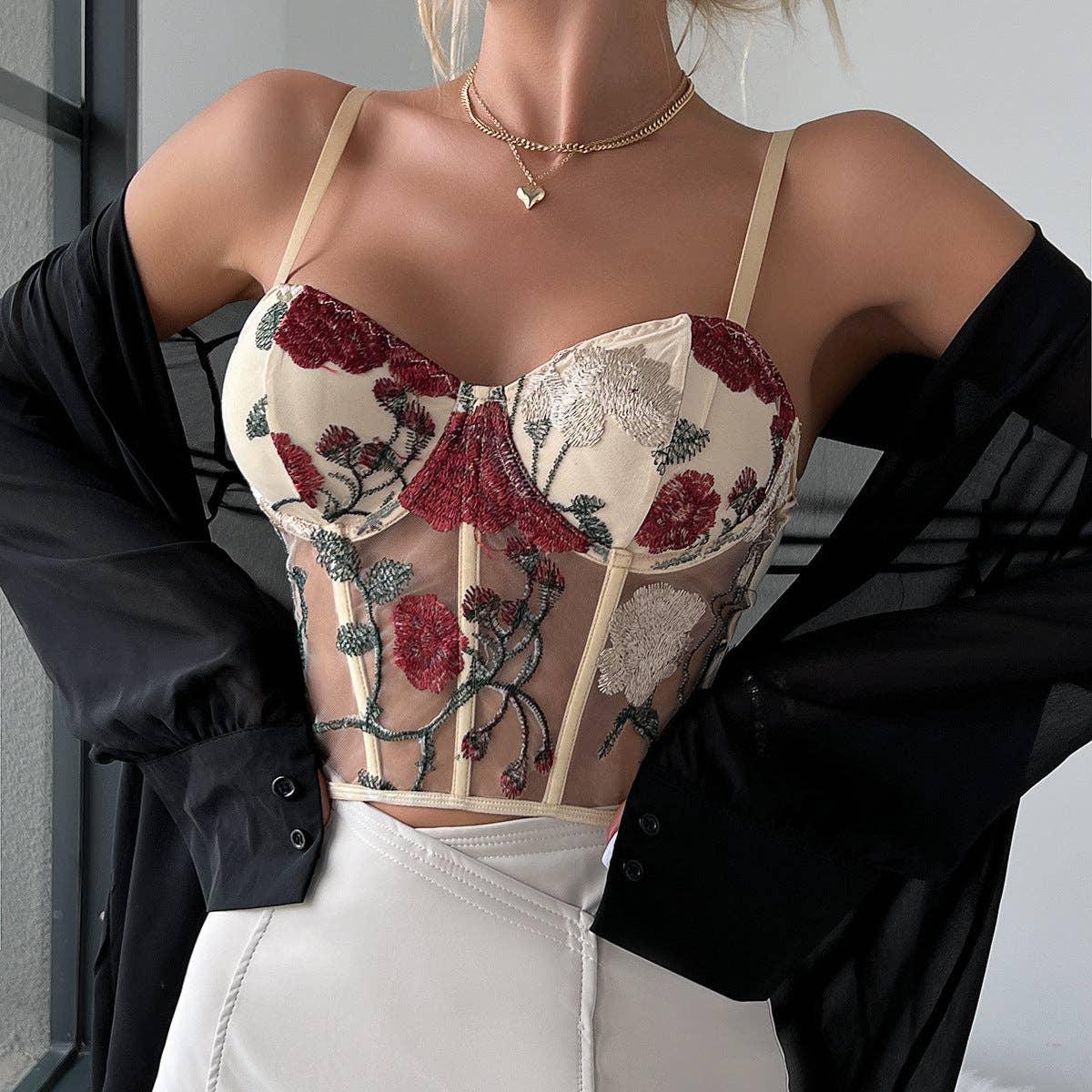 Ladies Sexy Rose Embroidery See Sheer Corset M60369 - SWEETKAMA