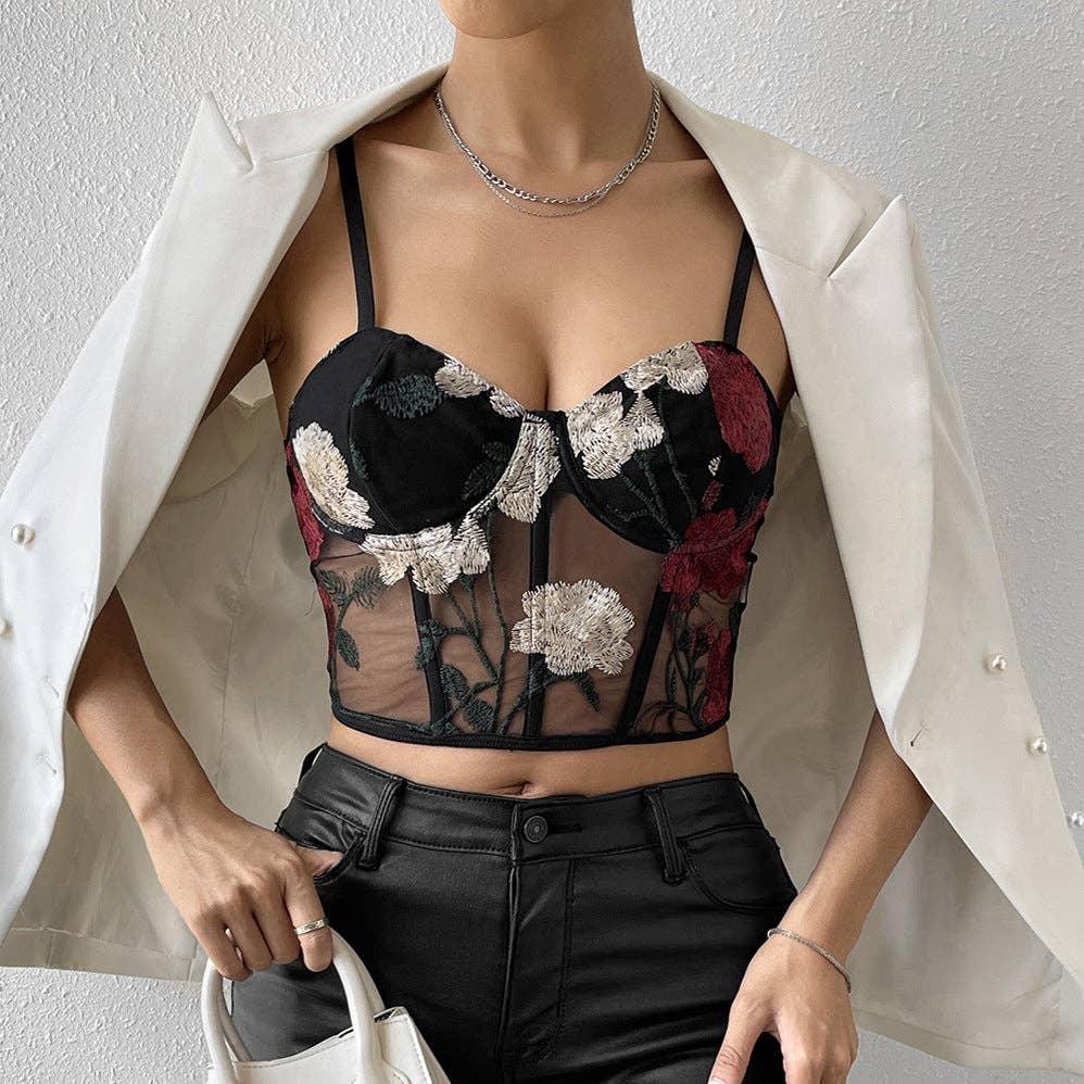 Ladies Sexy Rose Embroidery See Sheer Corset M60369 - SWEETKAMA
