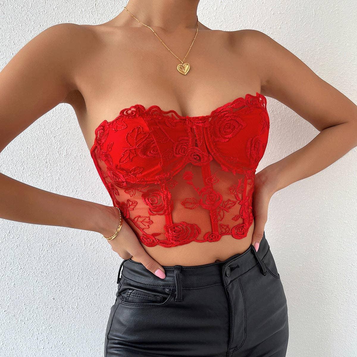 Ladies Sexy Rose Lace Strapless Corset M09434 - SWEETKAMA