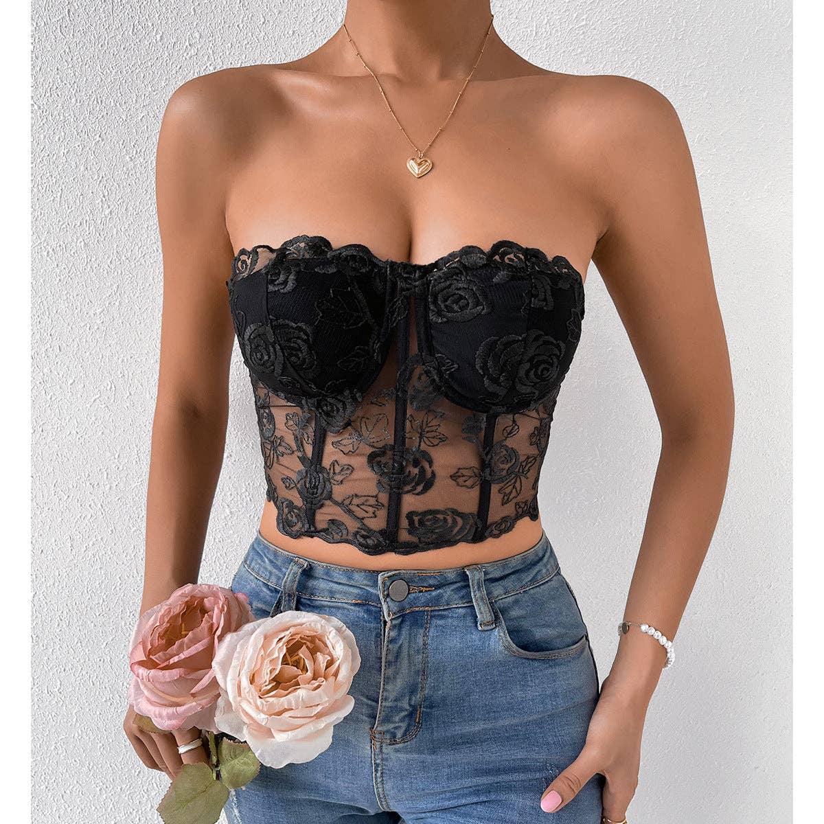 Ladies Sexy Rose Lace Strapless Corset M09434 - SWEETKAMA