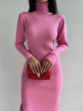 Ladies Side Split High Collar Midi Dress FQD1436 - SWEETKAMA