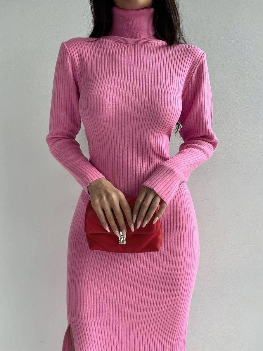 Ladies Side Split High Collar Midi Dress FQD1436 - SWEETKAMA