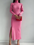 Ladies Side Split High Collar Midi Dress FQD1436 - SWEETKAMA