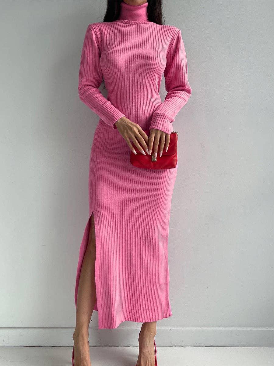 Ladies Side Split High Collar Midi Dress FQD1436 - SWEETKAMA