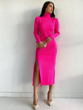 Ladies Side Split High Collar Midi Dress FQD1436 - SWEETKAMA