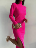 Ladies Side Split High Collar Midi Dress FQD1436 - SWEETKAMA