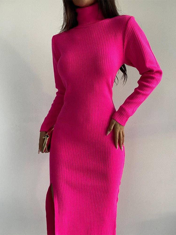 Ladies Side Split High Collar Midi Dress FQD1436 - SWEETKAMA