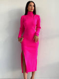 Ladies Side Split High Collar Midi Dress FQD1436 - SWEETKAMA