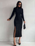 Ladies Side Split High Collar Midi Dress FQD1436 - SWEETKAMA