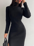 Ladies Side Split High Collar Midi Dress FQD1436 - SWEETKAMA