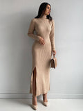 Ladies Side Split High Collar Midi Dress FQD1436 - SWEETKAMA