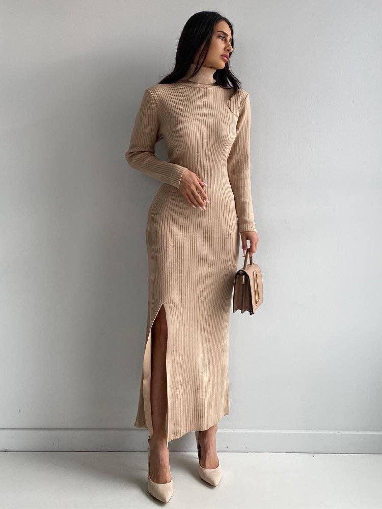 Ladies Side Split High Collar Midi Dress FQD1436 - SWEETKAMA