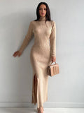 Ladies Side Split High Collar Midi Dress FQD1436 - SWEETKAMA