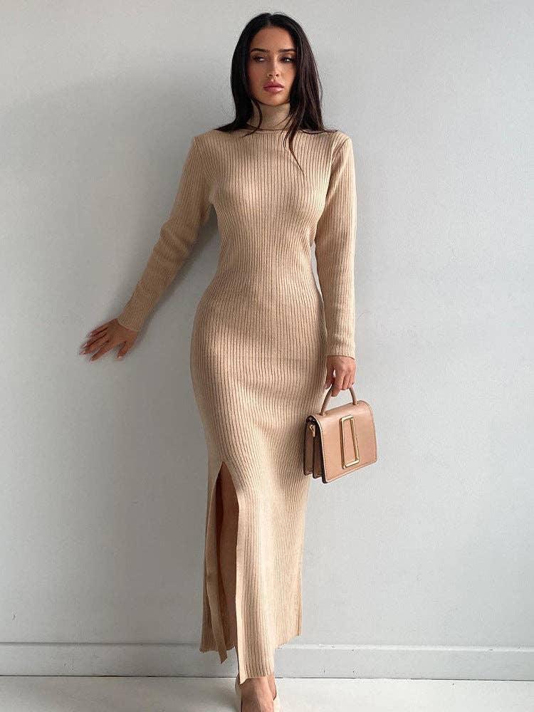 Ladies Side Split High Collar Midi Dress FQD1436 - SWEETKAMA