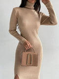 Ladies Side Split High Collar Midi Dress FQD1436 - SWEETKAMA