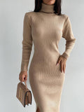 Ladies Side Split High Collar Midi Dress FQD1436 - SWEETKAMA