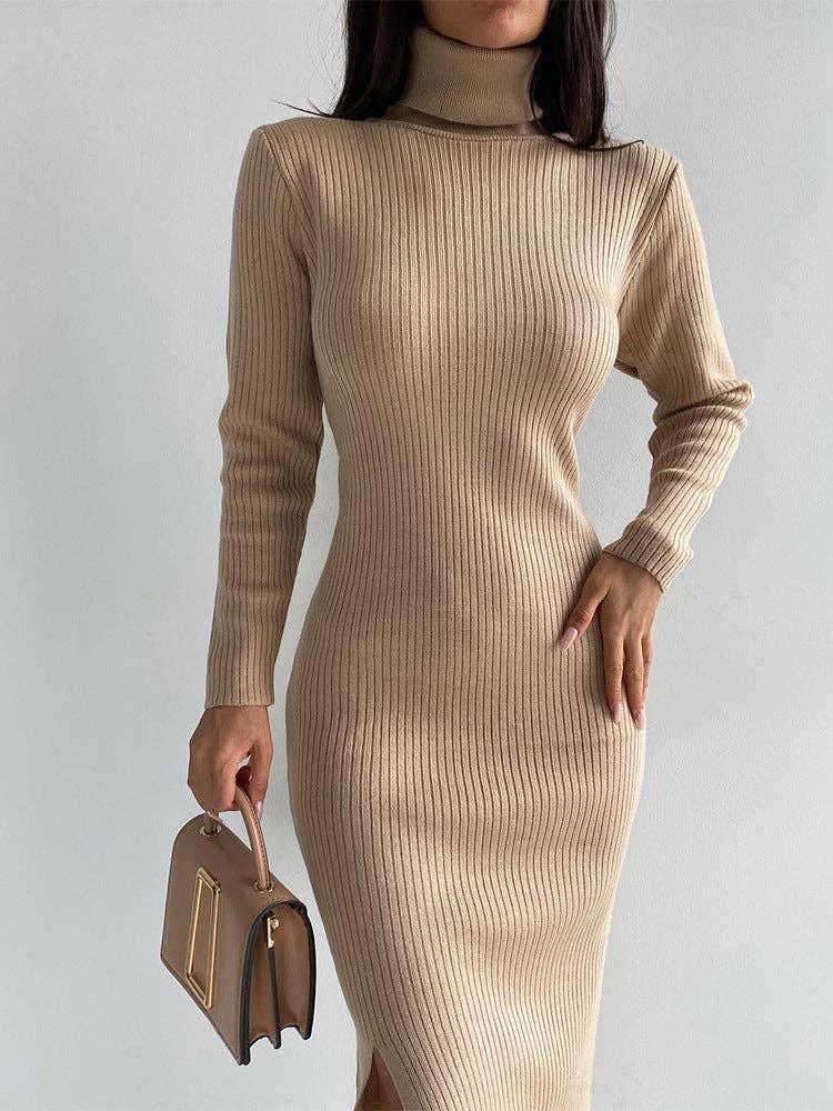 Ladies Side Split High Collar Midi Dress FQD1436 - SWEETKAMA
