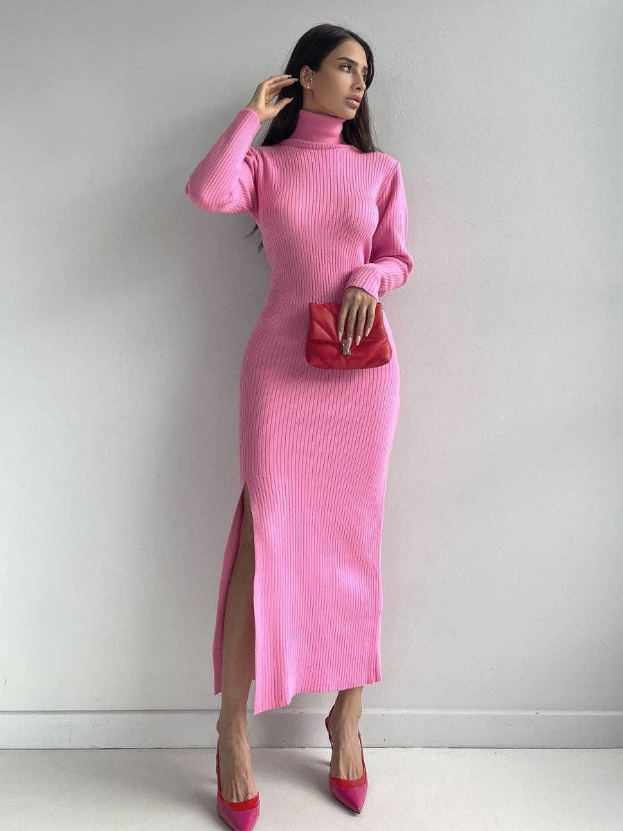Ladies Side Split High Collar Midi Dress FQD1436 - SWEETKAMA