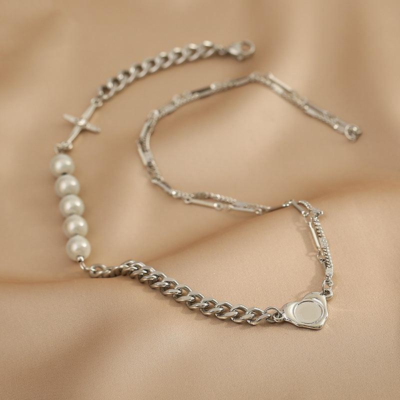 Ladies Silver Cross Heart with Beads Necklace SKAJ017 - SWEETKAMA