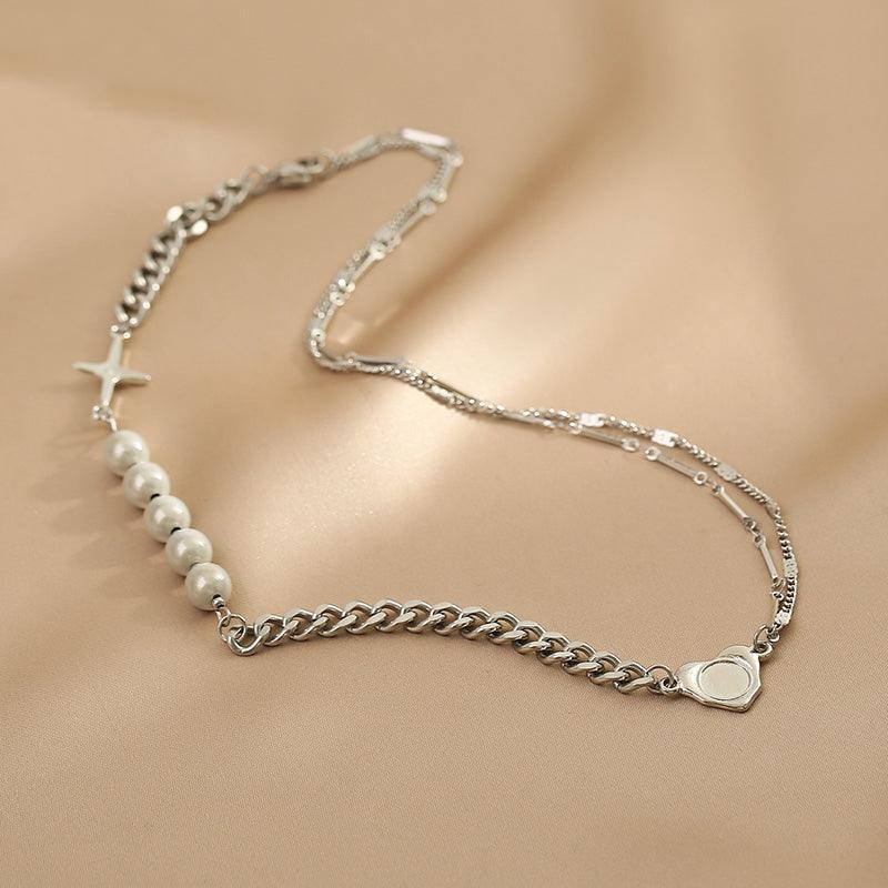 Ladies Silver Cross Heart with Beads Necklace SKAJ017 - SWEETKAMA